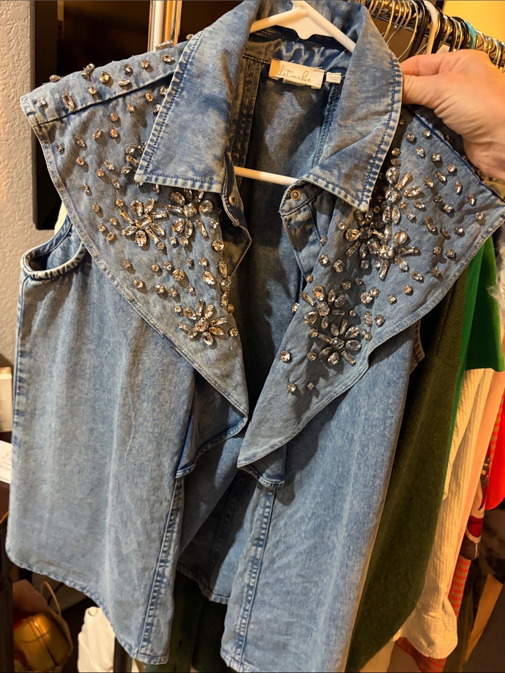 Embellished Light Wash Denim snap top with Crystal Accents